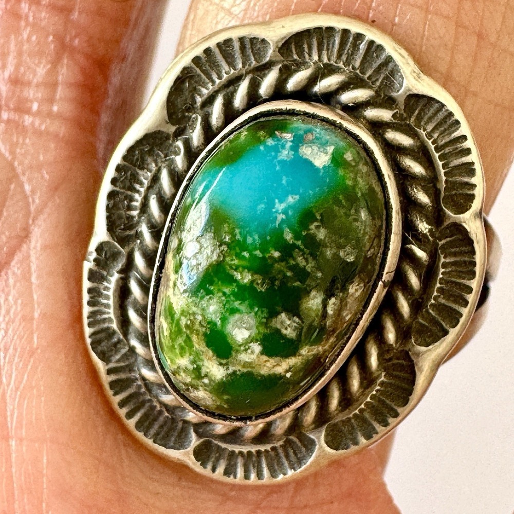 Navajo Sonoran Gold Turquoise Ring Sz 7 Sterling Signed F Sun Stamp Native